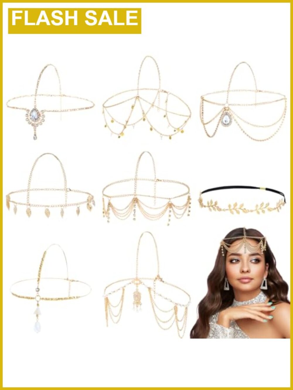 Gold Head Chains Rhinestone Pearl Leaf Coin Boho Headbands Tassel